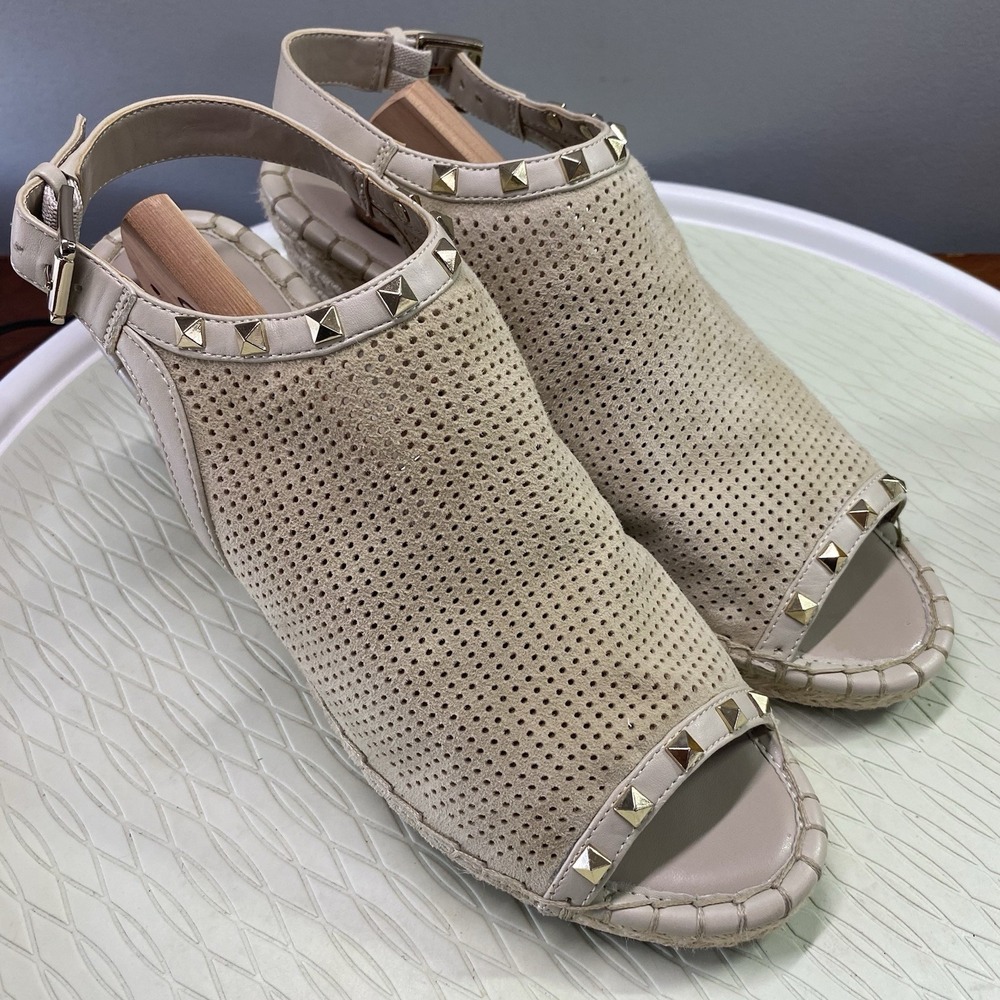 Marc Fisher Senton Women's Sz Suede&Leather Espadrille Studded Beige Wedges 10M